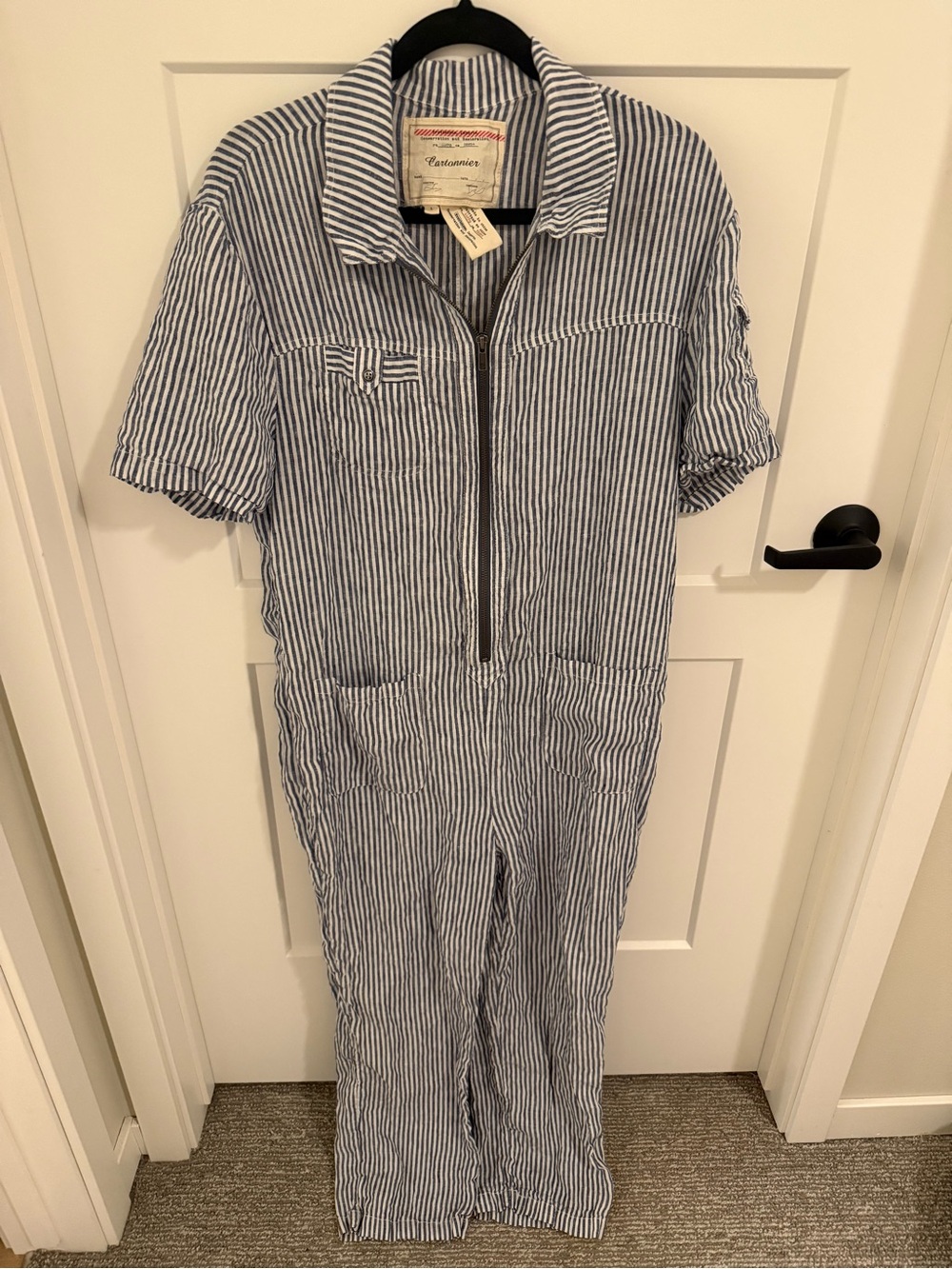 Anthropologie Cartonnier Linen Railroad Stripe Zip Jumpsuit L Blue White